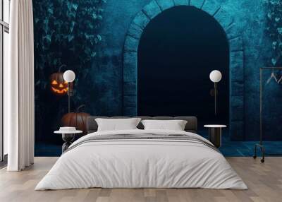 dark grunge wall, arched door with orange glowing pumpkins hanging on the vines, tiles floor, halloween decoration concept Wall mural