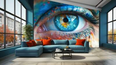 Vivid blue eye with colorful paint splashes on skin Wall mural