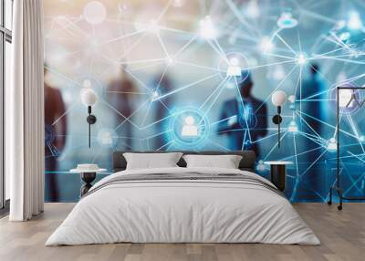 Abstract networking concept with a businessman in cyberspace, symbolizing digital connections, technology, and data management in a modern business environment Wall mural