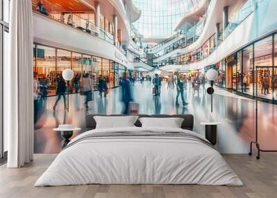 Abstract shopping mall interior, blurred motion of customers, retail and consumerism concept, modern lifestyle Wall mural