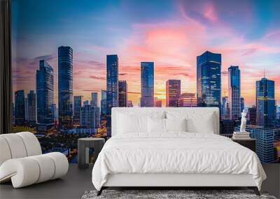 Cityscape at dusk in Asia, showcasing the vibrant skyline and architectural beauty of urban development Wall mural