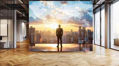 Creative businessman looking over the city, concept of future, success and business strategy, abstract background Wall mural