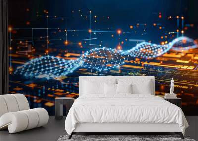 Futuristic digital network technology, abstract science and cyber communication background, blue tech lines Wall mural