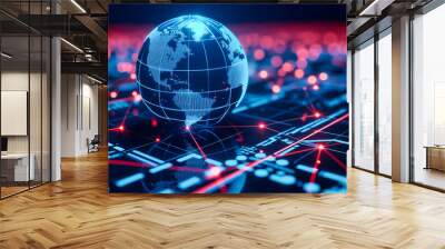 Global technology and business network concept, visualizing digital connectivity and communication across the world Wall mural