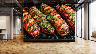 Grilled Pork and Sausages with Fresh Vegetables, A Hearty Meal Perfect for BBQ Parties, Served with Spices and Tomato Garnish Wall mural