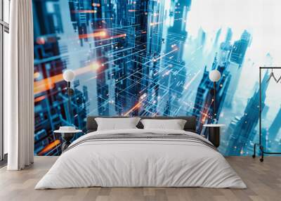 Technology network concept within a modern city, illustrating connected business and digital communication in a futuristic urban environment Wall mural