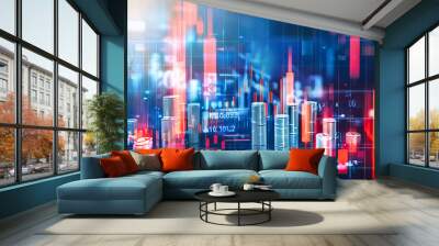 The financial skyline, blending the energy of city life with the dynamics of stock markets and economic growth trends Wall mural