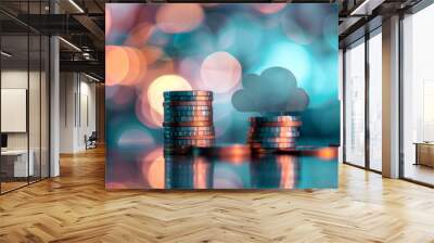 Cloud symbol on stack coins with bokeh background for cloud storage concept and digital money transfer business technology idea Wall mural