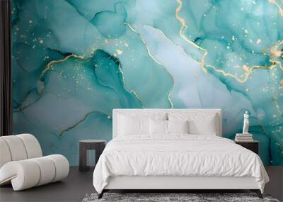 teal turquoise blue violet marble effect luxury abstract brush golden glitter lines watercolor background design.generative ai Wall mural