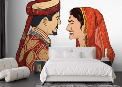 A cartoon of an indian mariied couple in traditional dress for weddeing looking att each other Wall mural