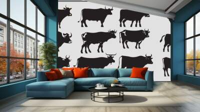 Set of cows. Black silhouette cow isolated on white. Hand drawn vector illustration design Wall mural