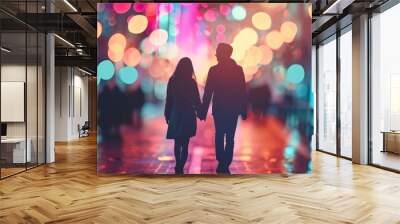 A couple holding hands in a cityscape at night pastel bokeh background. Valentine's Day Concept Wall mural