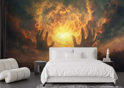 A twilight sky with massive hands attempting to clutch a radiant sun Wall mural