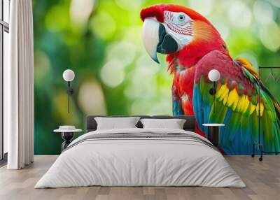 Colorful red macaw with bright green forest background Wall mural