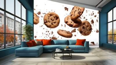 Falling broken chocolate chip cookies isolated on white background Wall mural