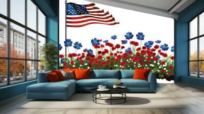 In memorial day, American flag on top and red white and blue flowers in front of the tombstone. Wall mural