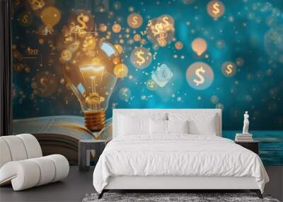 open book with glowing light bulb and money sign icons coming out of it, background with copy space Wall mural