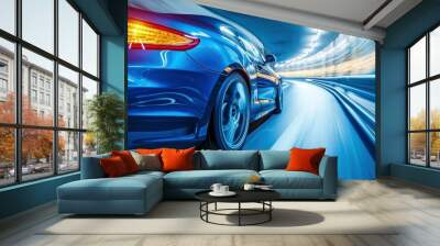 Rear view of blue Business car on high speed in turn. Blue car rushing along a high-speed highway Wall mural