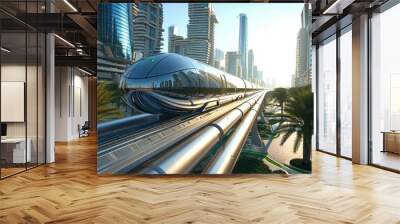 Train hyperloop in modern future city Wall mural