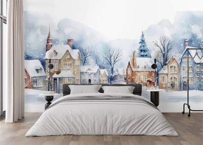 watercolor winter cute town landscape isolated on a transparent background. Wall mural