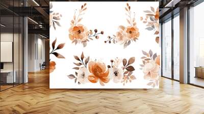 Brown and orange floral bouquet collection with watercolor Wall mural