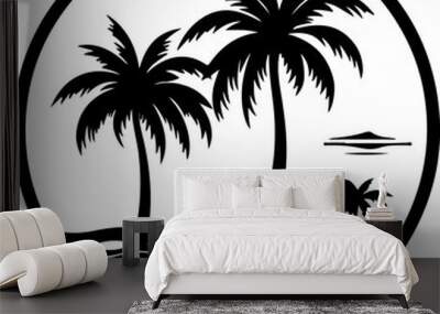 palm tree and ocean in black outline Wall mural