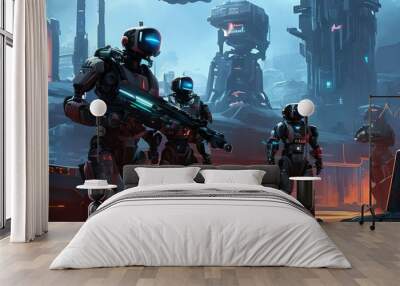 realistic futuristic robot soldiers illustration gaming image Wall mural