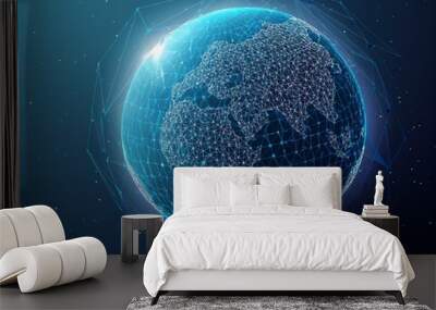 Earth globe low poly art illustration. 3d polygonal planet. Outer space concept with connected dots and lines. Cosmos exploring. Solar system body, moon and earth vector color wireframe mesh Wall mural