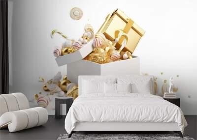 3d render, white and gold Christmas ornaments, candies. Generative Ai Wall mural