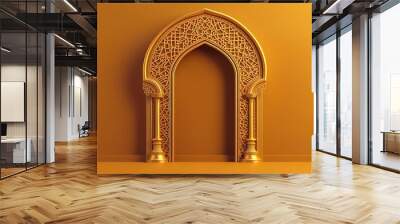 Arabic golden arch. 3d illustration of islam architecture shape for muslim holidays. Generative Ai Wall mural