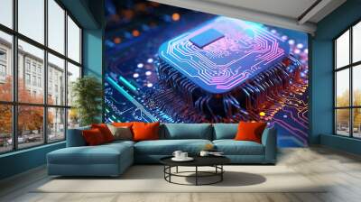 Artificial Intelligence digital Brain future technology on motherboard computer. Generative Ai Wall mural