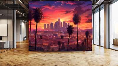 Beautiful sunset of Los Angeles downtown skyline and palm trees. Generative ai Wall mural