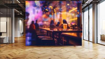 Emty wooden bar table with blurred people in the restaurant. Generative ai Wall mural