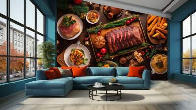 Flat lay of Delicious Christmas themed dinner table with roasted meat steak. Generative ai Wall mural