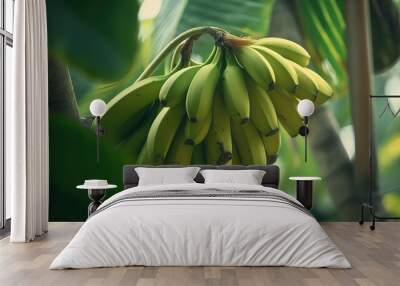 Fresh green bananas fruit growing on tropical farm. Generative Ai Wall mural