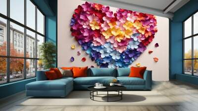 Heart shape made of flower petals with hearts around it. Wall mural