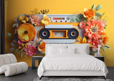 Illustration of retro music cassette covered with flowers. Generative ai Wall mural