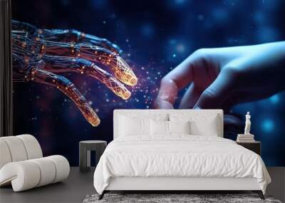 Robot hand and human touching on global virtual network connection. Generative Ai Wall mural