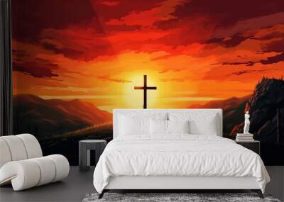 Silhouette of crucifix cross on mountain at sunset sky background. Generative ai Wall mural