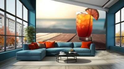 Tropical drink on a wooden table on the beach, Bright color. Generative Ai Wall mural