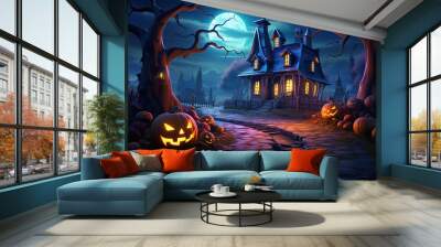 Unbelievable Halloween holiday concept A small house with pumpkins and a funny ghost Wall mural