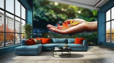 Water pouring in woman hand on nature background, environment concept. Generative Ai Wall mural