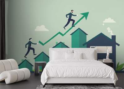 Housing price rising up, real estate or property growth concept, businessman running on rising green graph on house roof. vector Wall mural