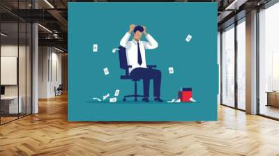 Regret on business mistake, frustration or depressed, stupidity or foolish losing all money, stressed and anxiety on failure concept, frustrated businessman holding his head sitting alone on the chair Wall mural