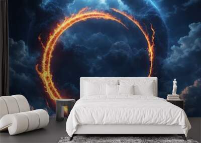 Fiery circle on the background of the night sky. 3d rendering Wall mural