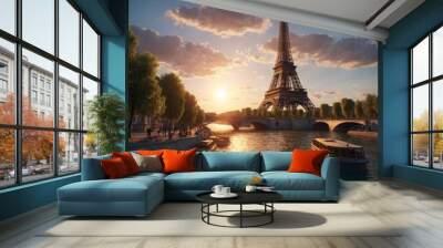 The Eiffel Tower at sunset in Paris, France. View from the Seine Wall mural