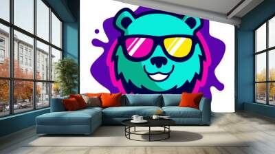 A bear wearing a sunglasses logo design vector illustration on a white background Wall mural