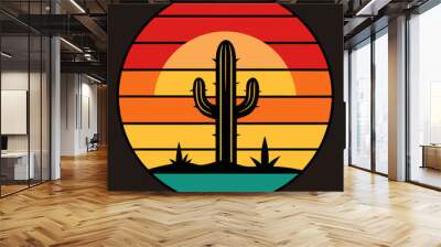 Retro sunset with cactus silhouette in the desert scene vector illustration, graphics elements for trendy vintage t-shirt Wall mural