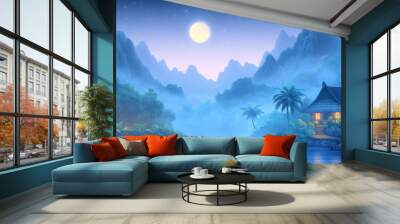 traditional texture design house on rocky mountain at night, bright full moon on sky Wall mural