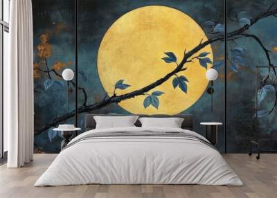 3 blue leaves on tree branches, golden moon, moonlight, canvas wall art painting Wall mural